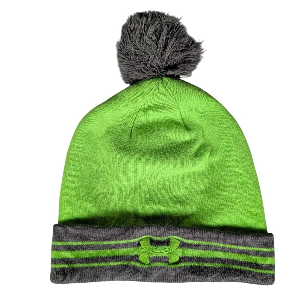 Under Armour Beanie Neon Green Charcoal Grey Cuffed Pom Pom Knit Hat OSFA